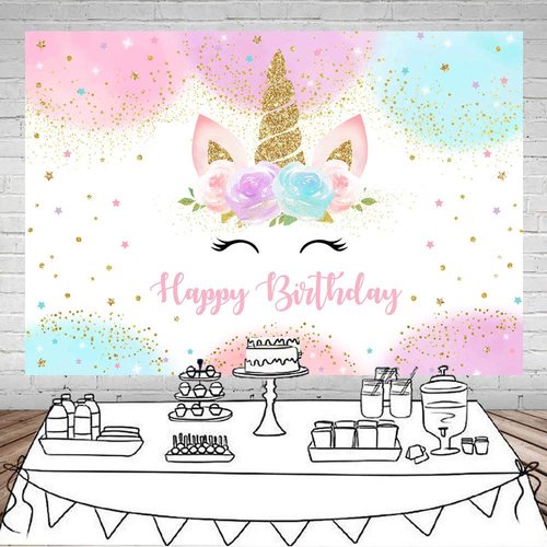 Mocsicka Rainbow Unicorn Backdrop Happy Birthday Party Decorations for Girls Watercolor Floral Glitter Stars Dots UnicornCake Table Banner Supplies Studio Props (6x4ft)