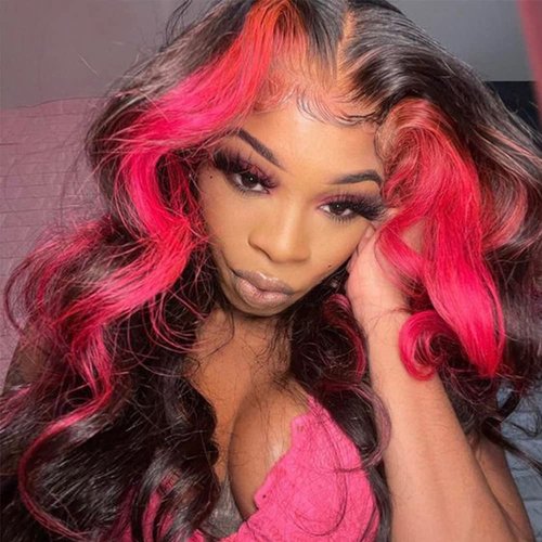 Skunk Stripe Wave Wig Ombre Lace Frontal Wig Human Hair Wigs 13X4 Pink Red Human Hair Lace Frontal Wigs for Black Women Pre Plucked 150% Density HD Transparent Lace Front Wigs Human Hair 18 Inch