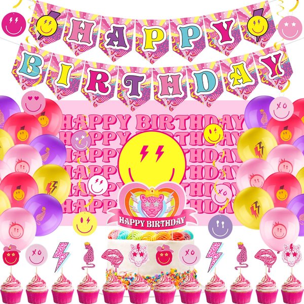 111 Pcs Preppy Style Pink Party Supplies Set Pink Happy Birthday Banner Balloon Stickers Toppers for Preppy Smile Happy Face Birthday Party Decoration