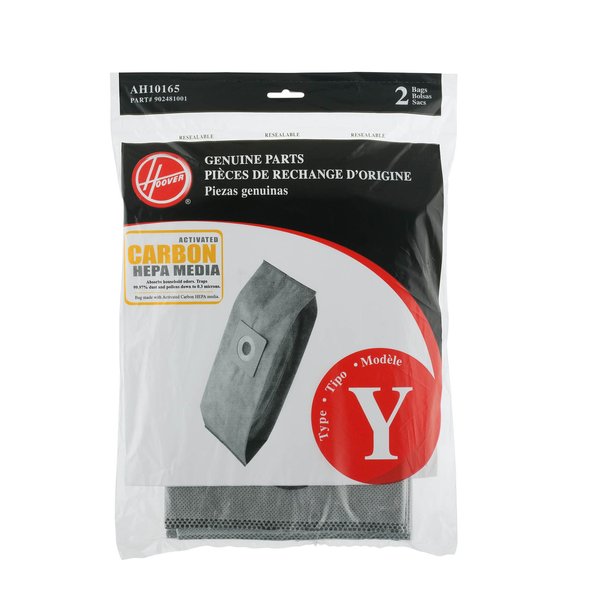Hoover Type Y Pleated Carbon HEPA Bag Replacement for Upright Vacuum Cleaner, 2 Pack, AH10165, Gray, 2 Count