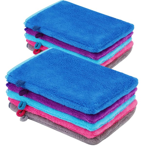 PHOGARY 10 PCS Microfiber Body Wash Mitts, Flannel Soft Face Mitten, Bath Spa Cloth, Reusable Makeup Remover Mitt Gloves, European Style Wash Cloth,6×8inch, 5 Colors