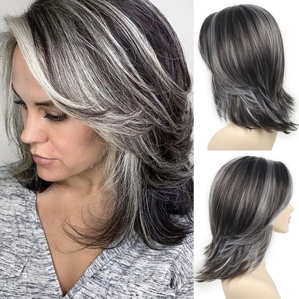 SEVENCOLORS Dark Grey Layered Wigs for Women Medium Length Gray Mixed White Wigs with Curtain Bangs Synthetic Hair Short Wavy Bob Wigs