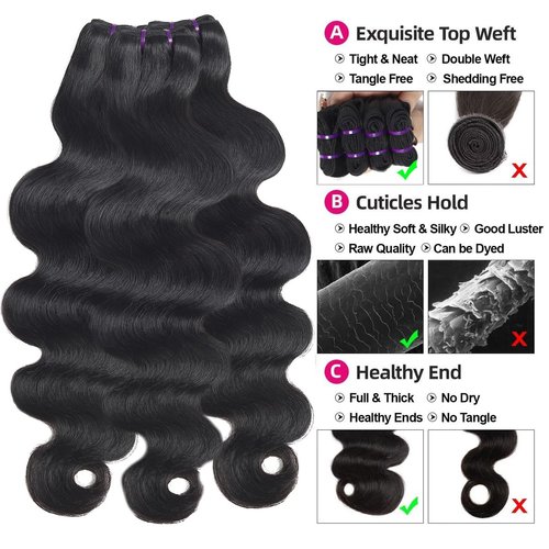 Releek 16A Body Wave Human Hair Bundles 14 16 18 Inch Brazilian Virgin Human Hair 3 Bundles Body Wave Unprocessed Raw Human Hair Extensions Thick Ends Hair Weave Bundles Natural Black Color