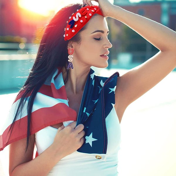 CEALXHENY 4th of July Headbands for Women, Crystal Pearl Knotted Headbands American Flag Patriotic USA Headbands 4th of July Outfits Hair Accessory Memorial Independence Day Party Favors (USA-Red)