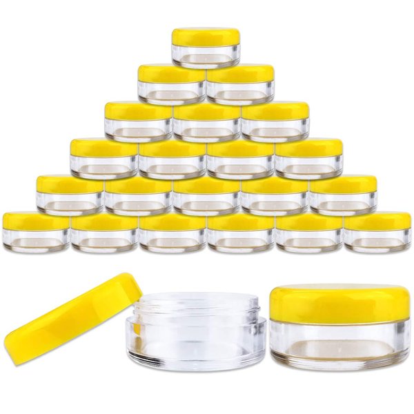 (Quantity: 25 Pieces) Beauticom 5G/5ML Round Clear Jars with Yellow Lids for Lotion, Creams, Toners, Lip Balms, Makeup Samples