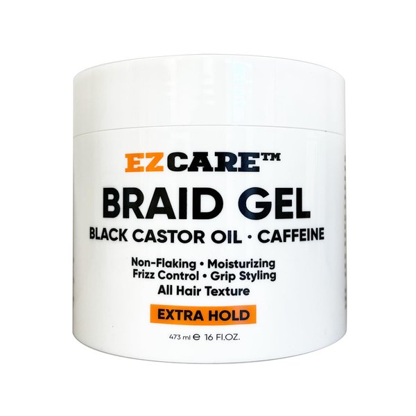 EZCARE Braid Gel Black Castor Oil/Caffeine/Non-Flaking/Moisturizing/Frizz Control/Grip Styling/All Hair Texture/Extra Hold (16 oz.)