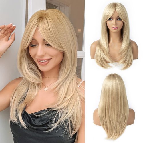 TuTive Blonde Wigs for Women Layered Wig With Bangs 22 Inch Shoulder Length Mixed Color wig Natural Looking Synthetic Hair Wig for Daily Party Use(Blonde Mixed)