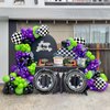 Truck Theme Purple and Green Black Balloon Garland Arch Kit with Big Wheels checkered star mylar foil balloons For Kids 2th 3th 4th Boy Birthday Truck Race Car Party Decorations