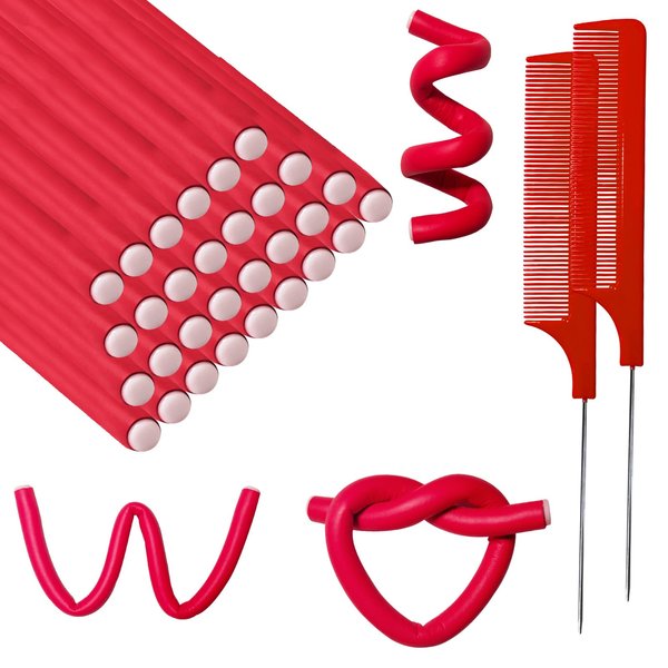 60 Pieces Flexible Curling Rods Twist Foam Flexi Rods No Heat Hair Rods Hair Rollers and Steel Pintail Rat Tail Comb for Long Hair Short Hair Women Girls (9.45 x 0.31, Red)