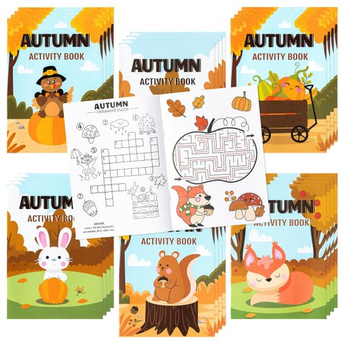 24Pcs Autumn Activity Books for Kids Fall Theme Mini Games Coloring Book Set Bulk Mazes Word Search Word Scramble Games for Birthday Thanksgiving Halloween Party Goodie Bags Stuffers Classroom Favors