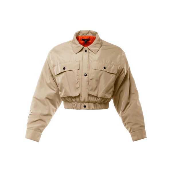 Cropped Front Two Pocket Snap Quilted Padding Bomber Jacket Khaki M