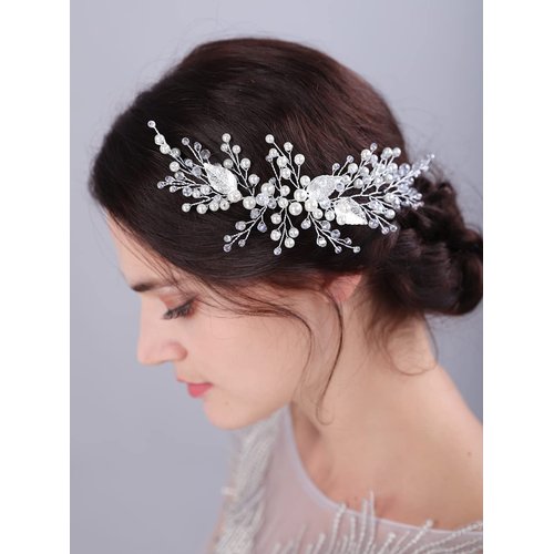 Teyglen Silver Leaf Wedding Headband Bridal Crystal Pearl Hair Piece Handmade Rhinestone Hair Vine Bridal Headpiece Hair Accessories Jewelry for Women and Girls