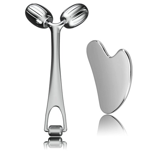 Yeamon Face Massager, Metal Face Roller Gua Sha Massage Tool for Face Neck Eye Body Skin Care, Facial Roller for Women