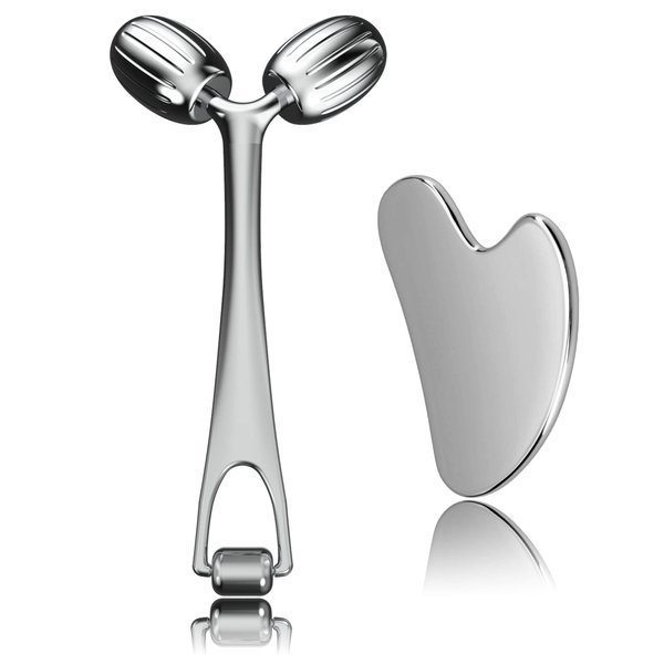 Yeamon Face Massager, Metal Face Roller Gua Sha Massage Tool for Face Neck Eye Body Skin Care, Facial Roller for Women