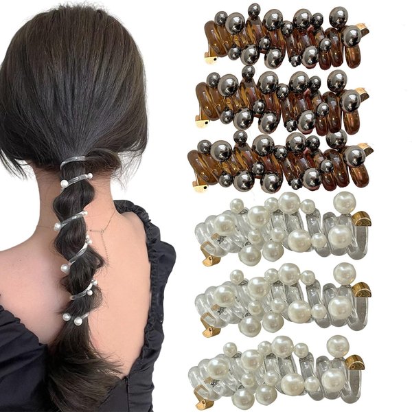6 PCS Pearl Braided Telephone Scrunchies Ponytail Stretchy Spiral Hair Ties bubble braid hair rope Hair Ties for Women Girls accessories