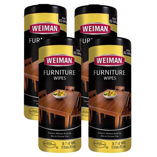 Weiman Wood Cleaner and Polish Wipes - 4 Pack (120 Wipes) - for Furniture to Beautify and Protect No Build-Up Contains Ultra Violet Protection Pleasant Scent Surface Safe - 30 Count Each