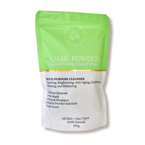 Uhuru Naturals Qasil Powder 100 Grams – Ancient Somali Beauty Secret, Gentle Deep Cleansing Facial Mask for Beautiful Glowing Skin. Reduces Dark Marks and Scars. Brightens. Detoxifies.