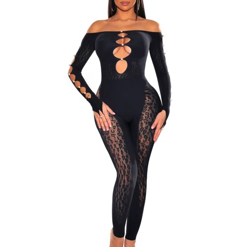 ZileZile Women's Sexy See Through Off Shoulder Mesh Long Sleeve Cut Out Jumpsuit Black