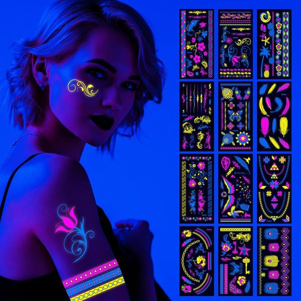 12 Sheets Glow in The Dark Temporary Tattoos Butterfly Flower Floral Luminous Tattoo Stickers Body Face Fake Waterproof Tattoos for Adults Women Man Rave Festival Accessories Party Favor Supplies
