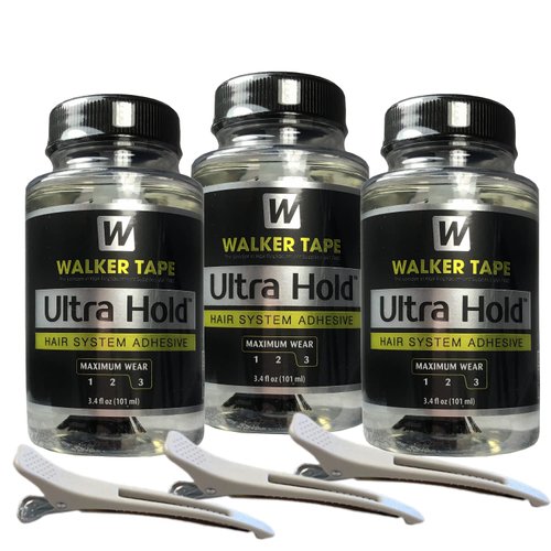 3pcs Ultra Hold Hair System Adhesive 3.4oz w/ 3pcs White Hair Clip Bundle Pack | Waterproof Invisible Long-Lasting | Front Bonding Weave Toupees Wigs Extensions Lace Wig Glue | Bold Hold Adhesive