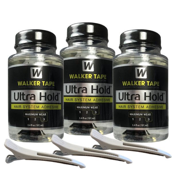 3pcs Ultra Hold Hair System Adhesive 3.4oz w/ 3pcs White Hair Clip Bundle Pack | Waterproof Invisible Long-Lasting | Front Bonding Weave Toupees Wigs Extensions Lace Wig Glue | Bold Hold Adhesive