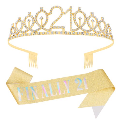 21st Birthday Crowns and Sashes for Women, Birthday Sash Princess Tiara Headband Elegant Rose Gold Crown with Combs for Girls Crystal Tiaras Birthday Headpieces for Party Hair Accessories Gifts