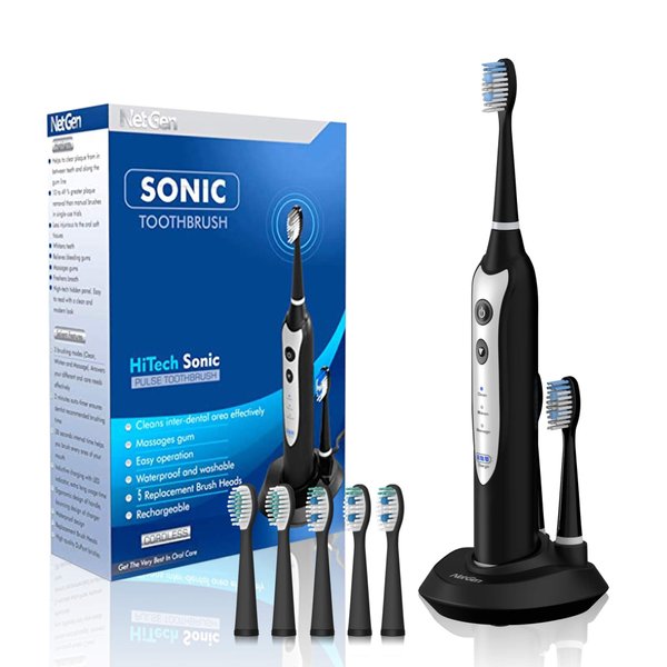 Sonic Electric Toothbrush for Adults with 5 Toothbrush Replacement Heads, 3 Brushing Modes & 2 Minutes Built-in Timer, Travel Toothbrushes with Inductive Charging, Rechargeable toothbrush | Black