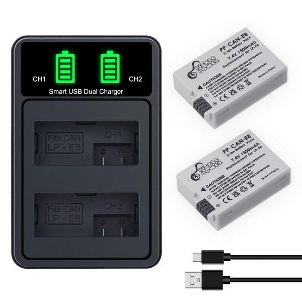 Pickle Power LP-E8 Battery and LED Display Dual Charger Compatible with Canon EOS Rebel T3i, T2i, T4i, T5i, 600D, 550D, 650D, 700D, Kiss X5, X4, Kiss X6 Camera