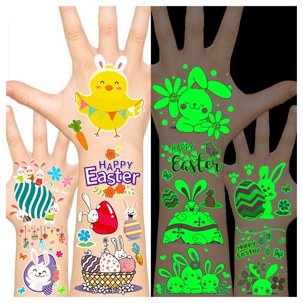 Leesgel Easter Tattoos for Kids, Luminous Temporary Tattoos Stickers, Easter Basket Stuffers Gifts Boys Fillers Easter Party Favors Decorations Supplies