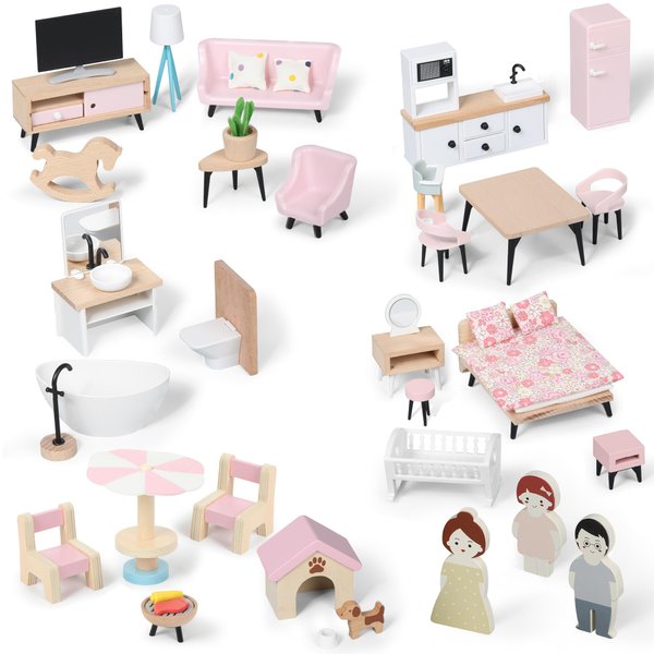 Pithfor Wooden Dollhouse Furniture Set, Dollhouse Accessories and Furniture, with 7 Rooms 3 Dolls, Includes Patio Set & Dog Set, Doll House Furniture Toys Gift for Kids Boys Girls