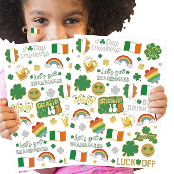 Ovasorve St Patricks Day Temporary Tattoos 56 Glitter Styles Shamrock Suppiles Kiss Me I'm Irish Party Favor St Patty's Day Accessories