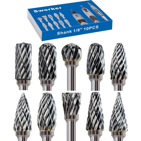 Sworker Carbide Burr Set Compatible with Dremel 1/8" Shank 10PCS Die Grinder Rotary Tool Rasp Bits Accessories Attachments Metal Wood Stone Plastic Carving Cutting Cleaning Grinding Engraving