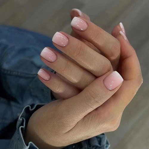RUPOFUZA Acrylic Press on Nails Short Fake Nails, 24Pcs Square False Nails with White Ombre Press on Nails Designs Glossy Artificial Nails Stick on Nails for Women Girls