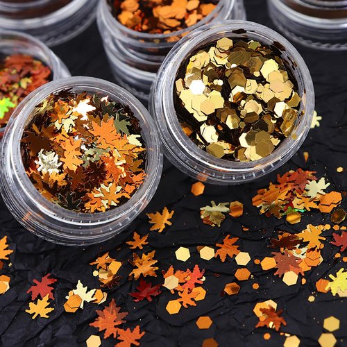 Fall Nail Glitter Sequins, 6 Boxes Holographic Maple Leaf Gold Hexagon Nail Glitter Flakes, Autumn Thanksgiving Fine Nail Glitter Powder Glitter Sequins for Women Manicure Charms Decoration