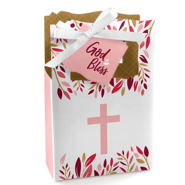 Pink Elegant Cross - Girl Religious Party Favor Boxes - Set of 12