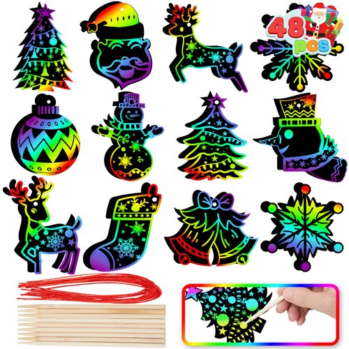 JOYIN 48 Pcs Christmas Scratch Art Ornaments, Scratch Paper Craft Kit Include Snowman, Snowflakes, Christmas Tree, and Reindeer, Rainbow Color Scratch Off Hanging Ornament for Kids Party Favors