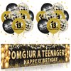 13th Birthday Decorations for Boys Girls Black and Gold Omg Ur a Teenager Banner Foil Confetti Balloons Happy 13th Birthday Backdrop Yard Sign for Kids 13 Years Old Anniversary Birthday Party Supplies