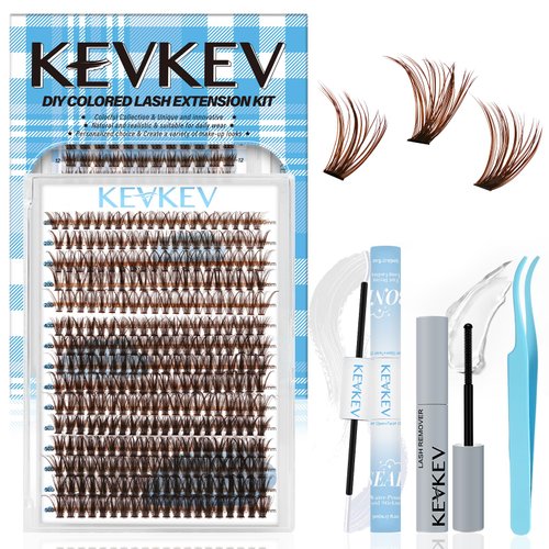 KevKev Lash Cluster Kit 300pcs Brown Lash Extension Kit Eyelash Clusters Kit Brown Lash Extensions D Curl Wispy Lash Clusters with Lash Bond and Seal Lash Remover Eyelash Tweezer(20D+40D+50D,10-18mm)