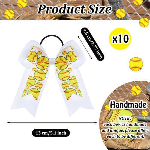 10 Pcs Baseball Softball Hair Bows Double Layers Bows with White Ribbon Sports Gifts for Girls Baseball Softball Accessories for Cheer Ponytail Holder Scrunchies for Girl Women(Yellow, Softball)