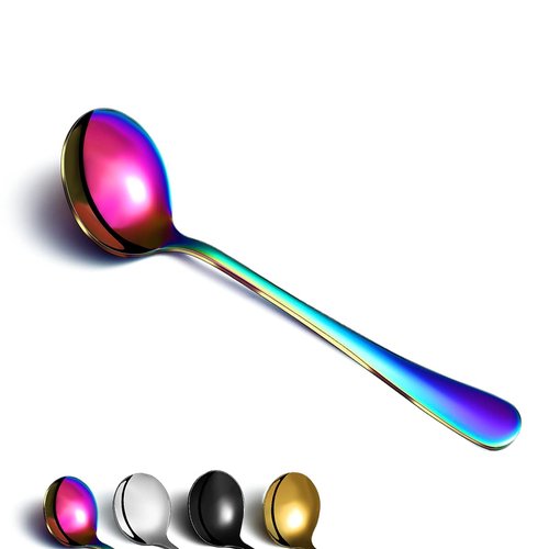 Berglander Rainbow Soup Spoons, 12pc Stainless Steel Titanium Plated, Multicolor Round, Easy To Clean, Dishwasher Safe