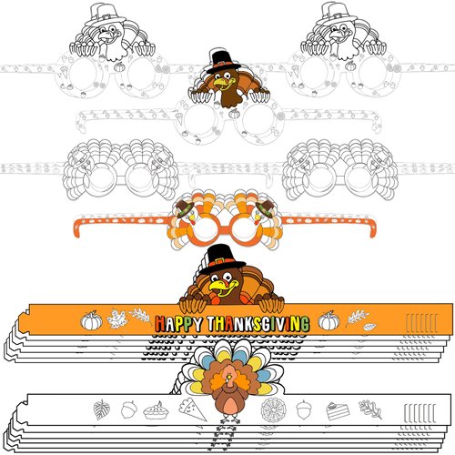 Qpout 24 Pack Thanksgiving Coloring Turkey Craft for Kids,Color Your Own Turkey Crowns, Adjustable Paper Headbands and Turkey Eyeglasses for Fall Thanksgiving Party Games Home School Activities