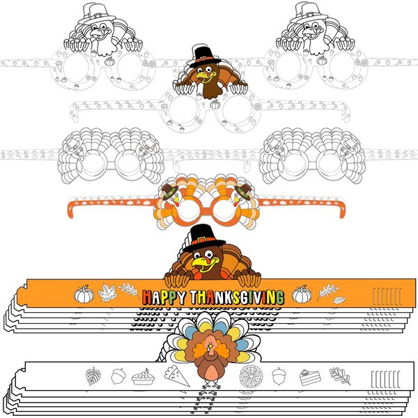 Qpout 24 Pack Thanksgiving Coloring Turkey Craft for Kids,Color Your Own Turkey Crowns, Adjustable Paper Headbands and Turkey Eyeglasses for Fall Thanksgiving Party Games Home School Activities