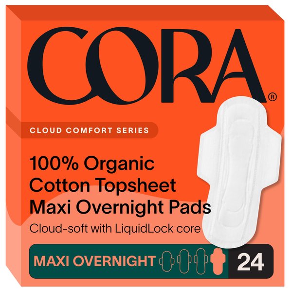 Cora Organic Cotton Topsheet Maxi Pads | Ultra Thin Period Pads with Wings | Maxi Overnight Absorbency | Unscented, Comfortable, Powerfully Absorbent, Leak Protection (24 Count)