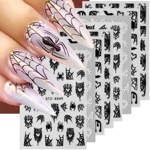 Spider Nail Stickers for Nail Art 8 Sheets Halloween Nail Art Stickers 3D Self-Adhesive Black White Spider Web Design Halloween Nail Charms Goth Nail Art Decorations for Women DIY Salon Nail Supplies