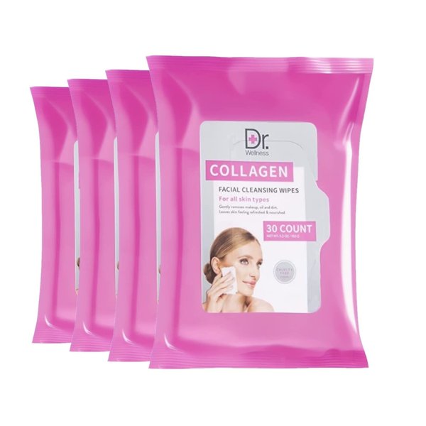 Collagen Face Wipes | 120 Collagen Wipes in 4 Packs, Good for Makeup Removal and Gerneal Facial Cleansing | Dr. Wellness