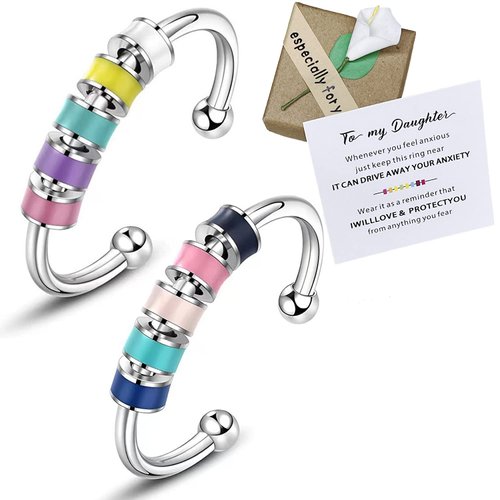SKYFUN 2 pcs Anxiety Ring Set To My Daughter Colorful Beads Spinner Adjustable FidgetJewelry Gift For Daughter Girls Stainless Steel Anxiety Ring for Daughter with Box and Card Valentine's Day Gifts