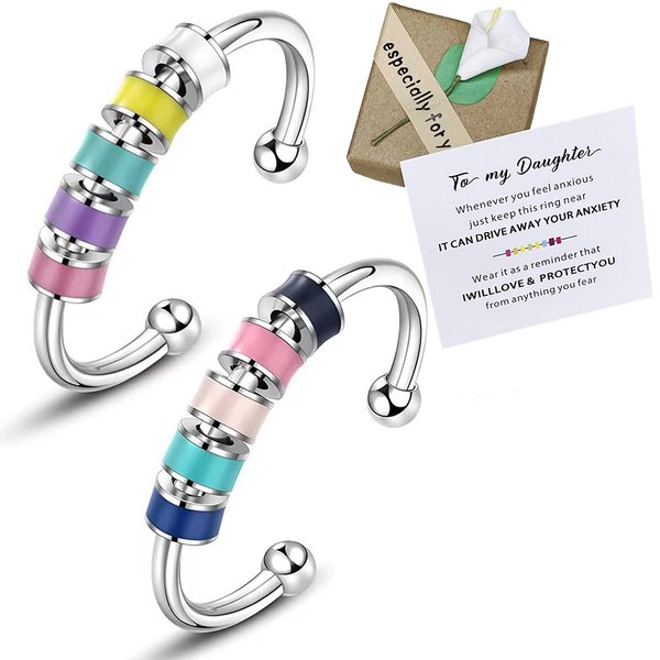 SKYFUN 2 pcs Anxiety Ring Set To My Daughter Colorful Beads Spinner Adjustable FidgetJewelry Gift For Daughter Girls Stainless Steel Anxiety Ring for Daughter with Box and Card Valentine's Day Gifts