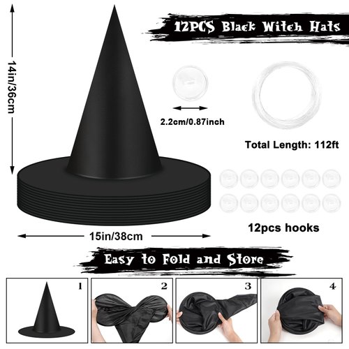 12pcs Halloween Black Witch Hats Decorations for Halloween Costume & Cosplay Women Kids Party Favors Dressing Up, Thickened Hanging Wizard Hats Bulk with Rope and Hooks, Floating Witches Hat for Front