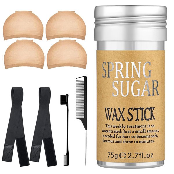 9 Pcs Hair Wax Stick Kit - Wax Stick for Hair for Lace Front - 4 Wig Cap - 2 Elastic Bands for Melting Lace - Hair Styling Comb