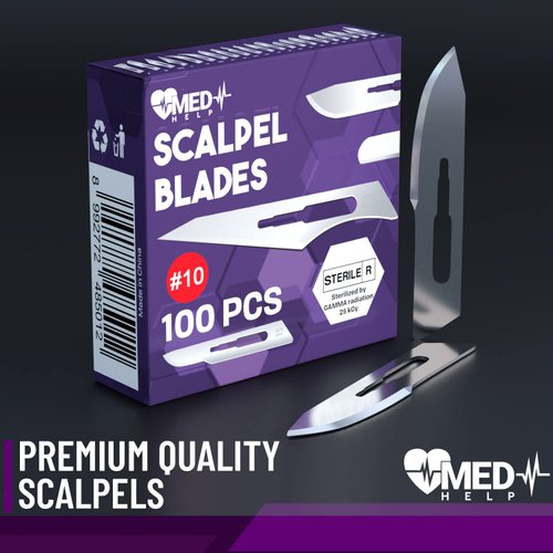 MedHelp Disposable Scalpel Blades #10 Pack of 100, Size 10 Surgical Blades, High Carbon Steel Dermaplane Blades. Individually Wrapped Scapel Blade, Sterile